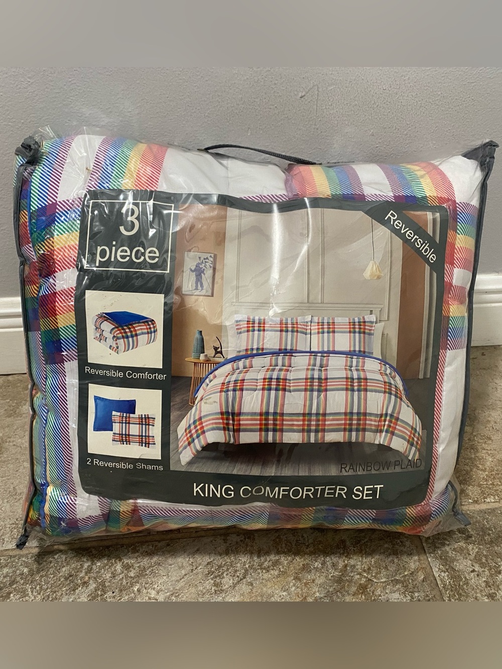 3-Piece King Comforter Set - Rainbow Plaid Reversible NEW